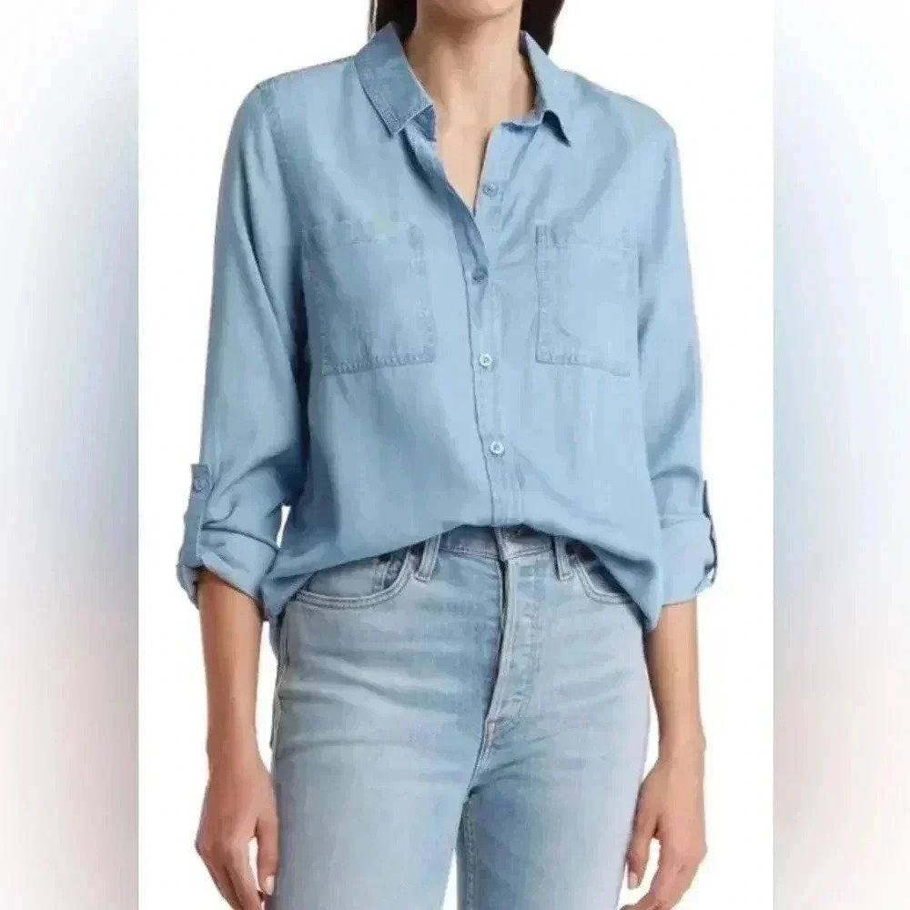 Nanette Lepore denim color button down faded vintage wash long sleeve  blouse S